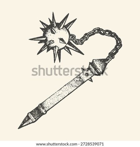 A detailed ink drawing of a classic medieval flail weapon, featuring a spiked metal ball attached by a heavy chain to a textured handle.