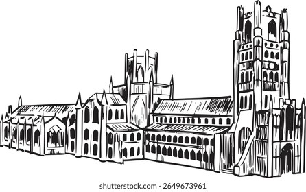 Detailed ink drawing of Ely Cathedral, iconic Gothic landmark in Cambridgeshire, UK. Ideal for history books, travel art, or architecture prints.