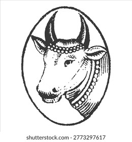 A detailed ink drawing within an oval shows the head of a bull with curved horns, wearing decorative necklaces and a beaded headband