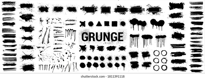 Detailed ink stencil. Grunge big collection - Overlay texture, brush strokes, brushes, lines, spray graffiti and other. Spots blotches, great elaboration. Big set dirty Silhouettes. Vector set grunge