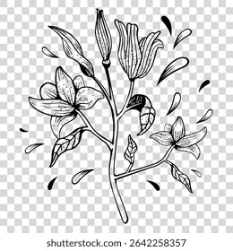 Detailed ink style illustration of blooming flowers with leaves and organic ornamentation, ideal for decorative or design purpose