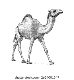 Detailed ink-style line art of a camel walking in profile, ideal for desert-themed visuals, travel illustrations, and wildlife educational resources.