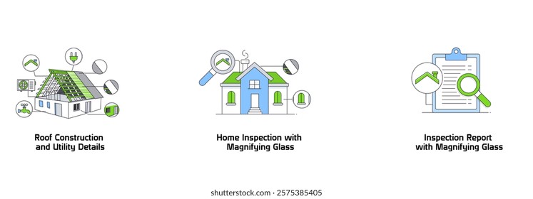 Detailed Inspection Reports. Inspection Report with Magnifying Glass, Roof Construction and Utility Details, Home Inspection with Magnifying Glass