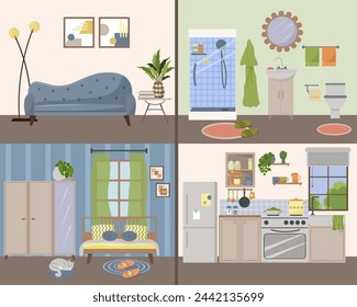 Detailed interior plan. Furnished rooms in the apartment - living room, bedroom, kitchen and bathroom. Household items. Flat style, vector.