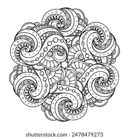 Detailed and intricate black and white abstract mandala pattern for coloring and design projects. Abstract spiral pattern great for coloring books and designs, adding creative and mesmerizing touch