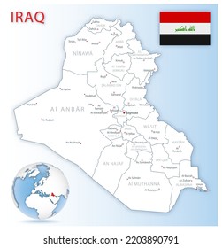 Detailed Iraq administrative map with country flag and location on a blue globe. Vector illustration