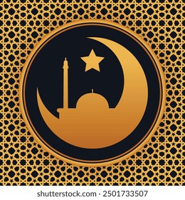 Detailed Islamic art vector with intricate geometric textured gold color background badge or logo