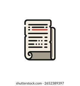 Ícone isolado detalhado mostra um documento antigo de pergaminho enrolado. Possui vários itens de linha com uma linha vermelha em negrito, semelhante a um recibo de negócios ou formulário vintage.