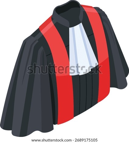 A detailed isometric 2D vector icon depicting a formal judicial or legal robe (gown). The garment is black with striking red accents and a white jabot or legal collar.