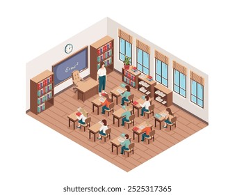 Detailed isometric classroom with desks, chairs, and a chalkboard. Cartoon characters design. Teaching process with adult teacher and students sitting at desks. Vector illustration.