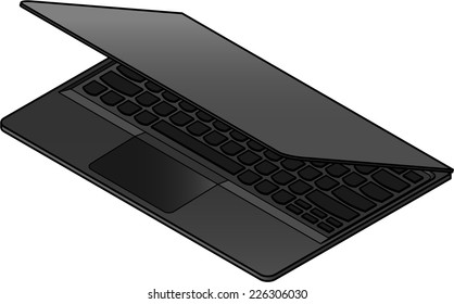 Detailed isometric drawing of an ultra thin and light laptop computer. Half opened. Black. 