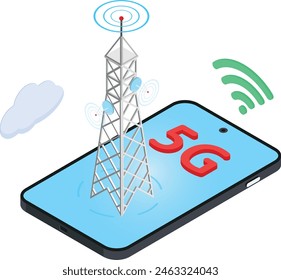 Eine detaillierte isometrische Darstellung eines 5G-Mobilfunkmasten, der ein Signal an ein Smartphone überträgt.