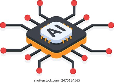 A detailed isometric illustration of an AI processor with data flowing through its neural network pathways.