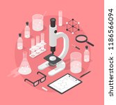 Detailed isometric illustration of chemical laboratory equipment. Set of various test tubes, flask, jars and bottles with liquid, dropper, microscope, support stand, magnifier and other tools.