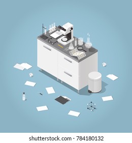 Detailed isometric  illustration of chemical laboratory during research process - tables with various scientific equipment: microscope, test tubes, jar, dropper, conical flask, beaker, bottles.