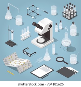 Detailed isometric illustration of chemical laboratory equipment. Set of various test tubes, flask, jars and bottles with liquid, dropper, microscope, support stand, magnifier and other attributes.