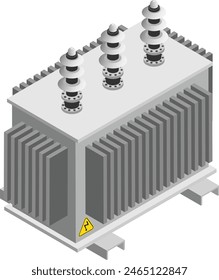 A detailed isometric illustration of a high voltage power transformer.