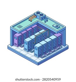 A detailed isometric illustration of a modern data center server room featuring rows of computer racks and air conditioning units on the roof.