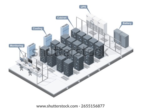 Detailed isometric illustration of a modern data center infrastructure with cloud connection firewall and secure server racks for network management concept