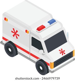 A detailed isometric illustration of a red and white ambulance with flashing lights, speeding towards an emergency.