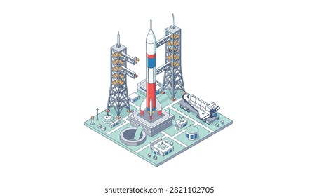Detailed isometric illustration of a space rocket launch complex with support towers and transport vehicle for orbital mission preparations.