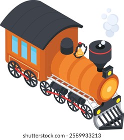 A detailed isometric illustration of a vintage steam train in a classic orange and black color scheme. Featuring realistic elements like a smokestack, wheels, and steam.