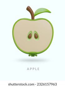 Detailed isometric image of apple cut in half. Fruit with seeds, leaf, stem, and green skin. Natural symmetry. Bright 3D illustration. Vector modern concept with text