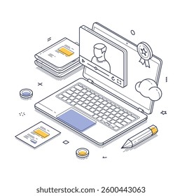 Detailed isometric line art depicts an online education setting featuring a laptop displaying a video lesson. Modern vector illustration