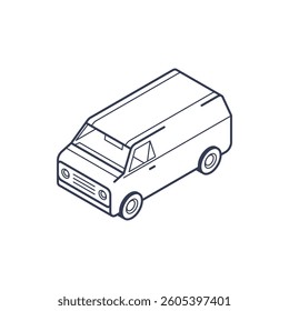 Detailed isometric line icon of a delivery van. Design emphasizes modern aesthetics with clean outlines and a focus on vehicular attributes, suitable for infographics.