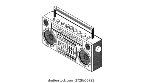 Detaillierte isometrische perspektivische Zeichnung eines Retro-Boombox-Musikspielers in einem sauberen Schwarz-Weiß-Linien-Kunststil.