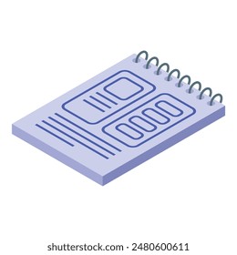 Detailed isometric spiral notebook illustration with 3d data infographic design concept and modern vector icon graphic on a white background for office supply, business, and education representation
