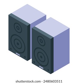 Ilustración detallada de altavoces estéreo isométricos con diseño minimalista moderno para el entretenimiento en el hogar y Reproducción de audio en púrpura y negro