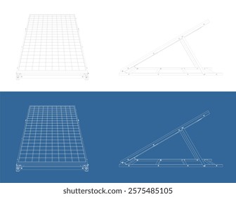 Detailed Isometric Technical Drawing of Solar Panel Array with Mounting Bracket, Blueprint Style