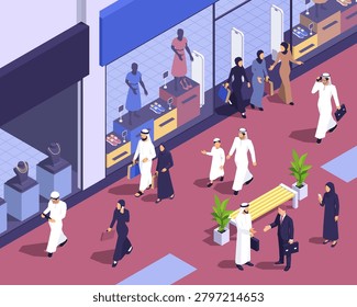 Detailed isometric vector background illustration depicting a modern shopping mall scene with Arab men and women in traditional attire browsing store fronts, walking with shopping bags, talking on phones, and a jewelry display in the foreground. The scene includes mannequins in store windows, shoe displays, benches, and potted plants on a pink floor. Suitable for retail and commerce editorial content, Middle Eastern lifestyle designs, advertising mockups, and web backgrounds.