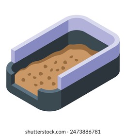 Detailed isometric vector graphic of a cat litter box filled with sand