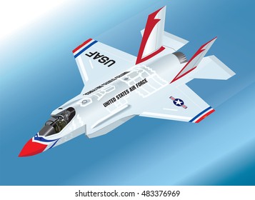 Detailed Isometric Vector Illustration of an airborne F-35 Lightning II Fighter Jet in Thunderbirds Aerobatic Team Paint Scheme svg