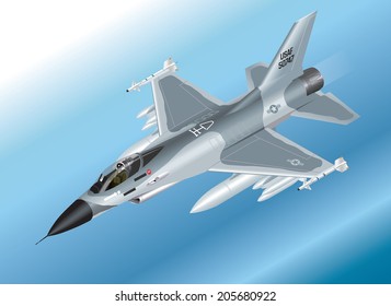 Detailed Isometric Vector Illustration Of An F-16 Fighter Jet Airborne