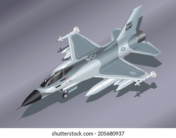 Detailed Isometric Vector Illustration of an F-16 Fighter Jet Parked on the Ground