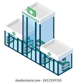 A detailed isometric vector illustration of a modern pharmacy building with a green cross on top.