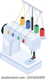 Uma ilustração vetorial isométrica detalhada de uma máquina de costura moderna overlock, com cinco carretéis de rosca coloridos conectados à máquina.