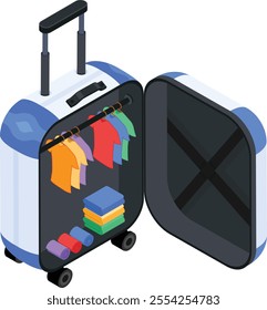 A detailed isometric vector illustration of an open suitcase packed with colorful t-shirts, folded clothes, and rolled-up accessories.