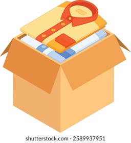 A detailed isometric vector illustration of an open cardboard box filled with neatly folded clothes, including a shirt and a belt.