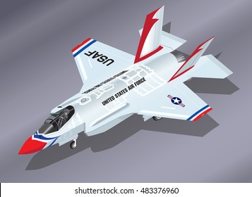 Detailed Isometric Vector Illustration of a parked F-35 Lightning II Fighter Jet in Thunderbirds Aerobatic Team Paint Scheme svg