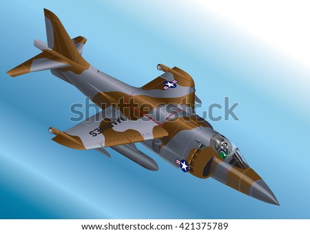 Detailed Isometric Vector Illustration of a US Marine Corp AV-8A / AV-8B Vertical Take Off Jet Fighter 