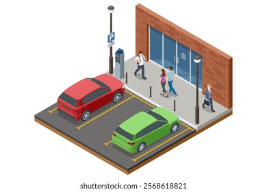 A detailed isometric vector image of a parking area with red and green cars, a parking meter, and a clean urban layout. Designed for organized vehicle management