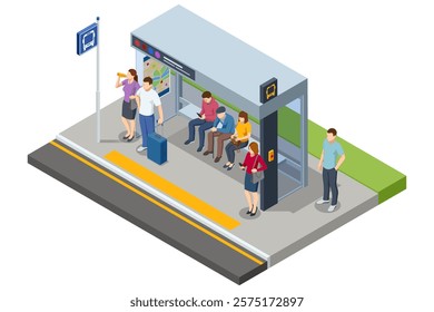 A detailed isometric vector image of a public bus stop. Includes people waiting, reading, and interacting in a sheltered area with schedules and a bench. Organized bus lane beside the stop.