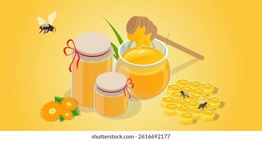 A detailed isometric vector image of three honey jars with a honey dipper, bees on fresh honeycomb and bright yellow background perfect organic honey concept.