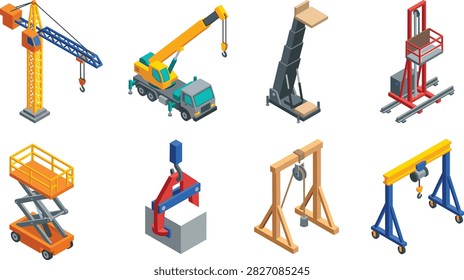 A detailed isometric vector set featuring various types of lifting and construction machinery, including tower cranes, mobile cranes, scissor lifts, gantry cranes, robotic arms, and pulley systems. Ideal for industrial design, engineering infographics, building site illustrations, and technical presentations.