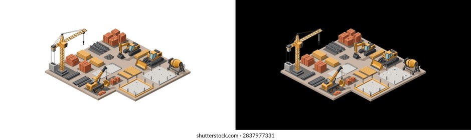 Detailed isometric view of a busy construction site with workers and machinery