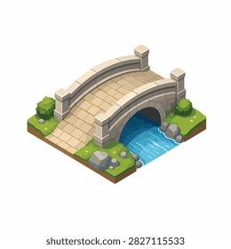 Detailed isometric view of a stone arch bridge spanning a small river